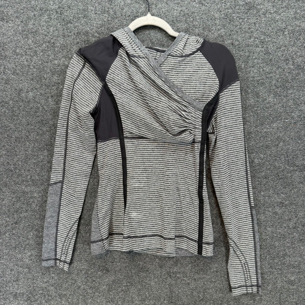 Lululemon Hoodie Women 4 Gray Striped Wrap Front Thumbhole Athletic Pullover
